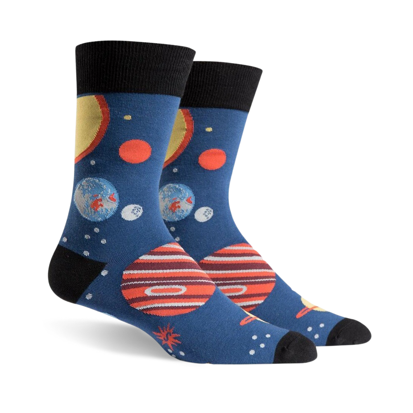 Pair of crew socks, navy blue with colorful planets, stars, and black cuffs. Fun space-themed design.
