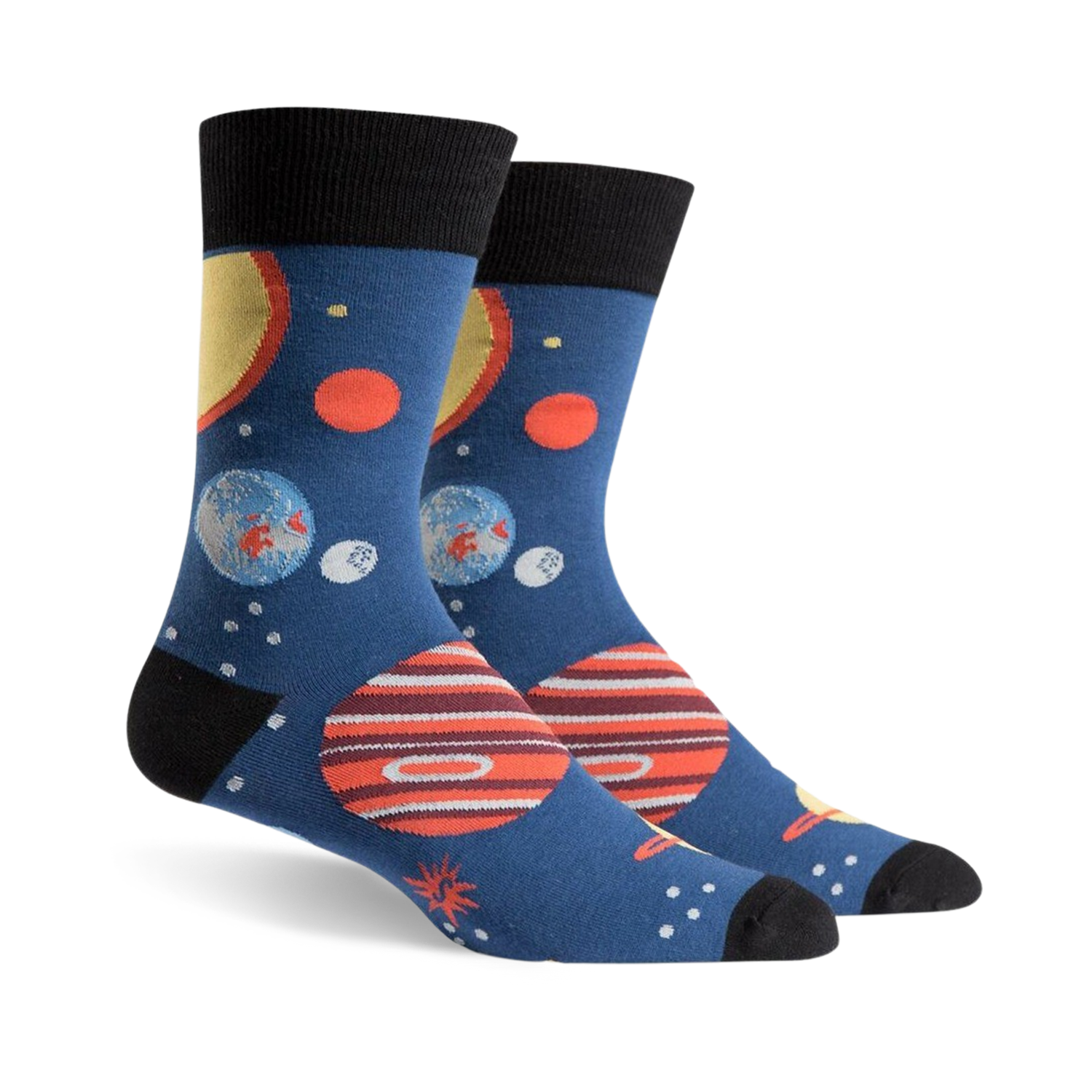 Pair of crew socks, navy blue with colorful planets, stars, and black cuffs. Fun space-themed design.