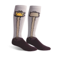 Pair of knee-high socks with an illustrated ostrich design. One sock shows the ostrich's head, the other its neck and body.  Colors are light gray, brown, and dark purple.
