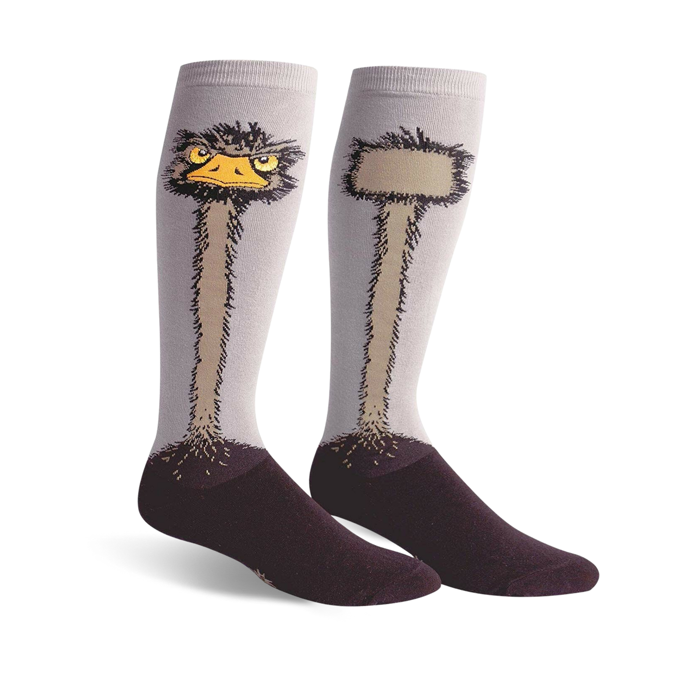Pair of knee-high socks with an illustrated ostrich design. One sock shows the ostrich's head, the other its neck and body.  Colors are light gray, brown, and dark purple.