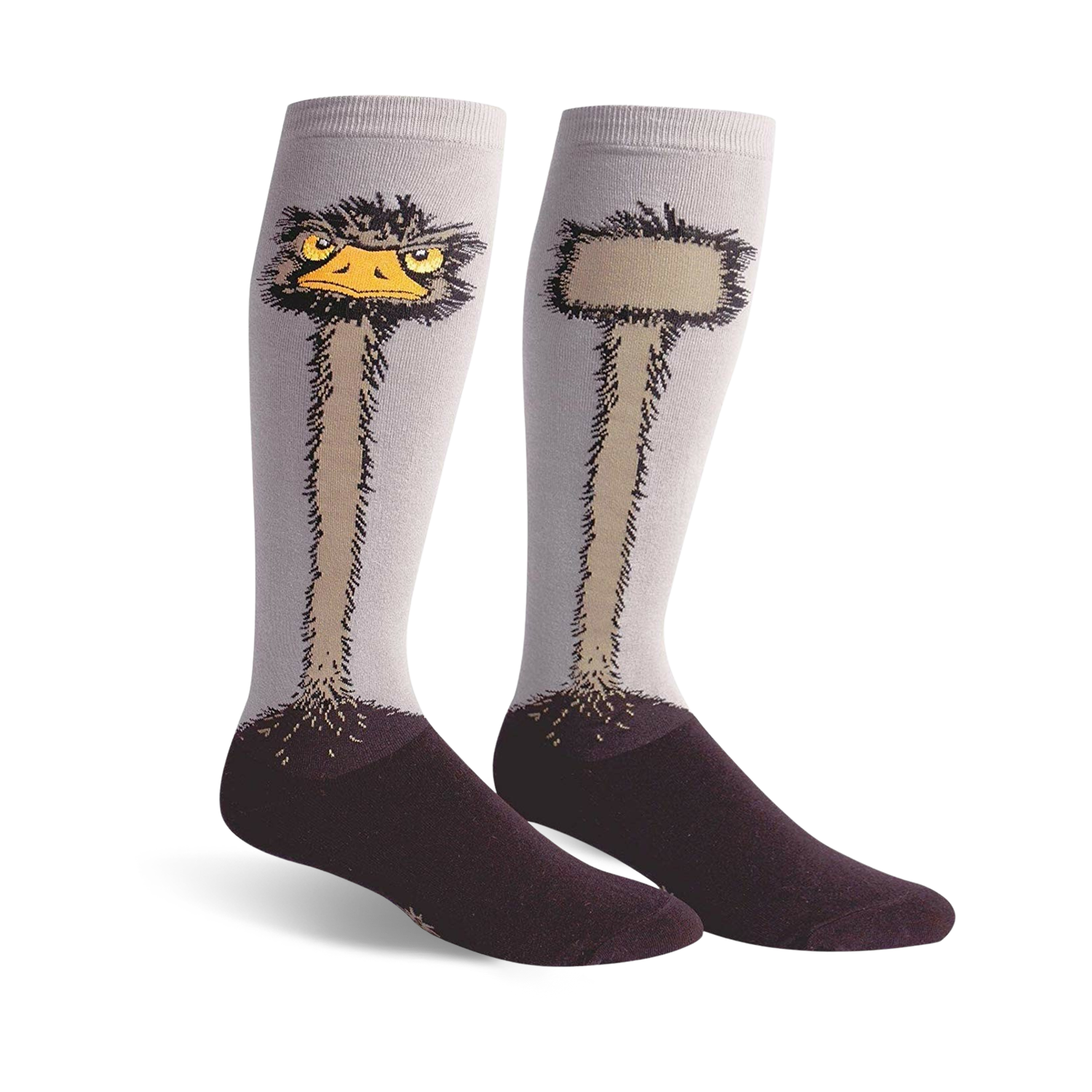 Pair of knee-high socks with an illustrated ostrich design. One sock shows the ostrich's head, the other its neck and body.  Colors are light gray, brown, and dark purple.