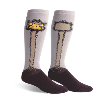 gray knee-high wide-calf women's socks with brown and white ostrich pattern.   