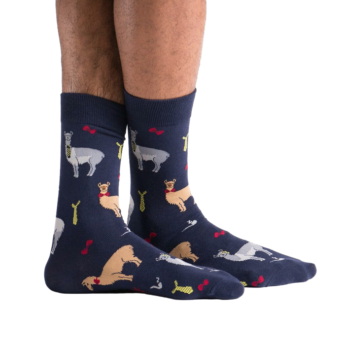 Close-up of the Llama Drama sock pattern, highlighting the detail of the llama designs and accessories.