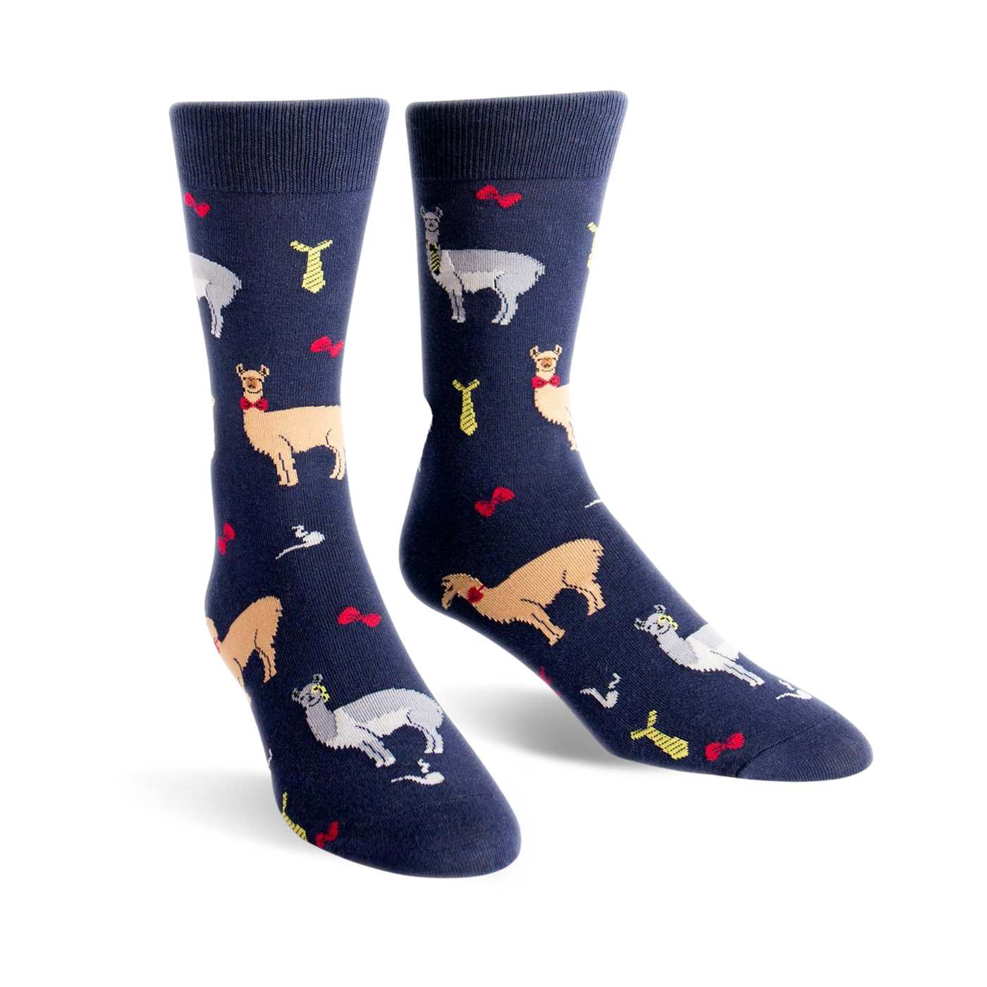 Pair of navy blue crew socks with a fun pattern of llamas wearing bow ties and ties. 