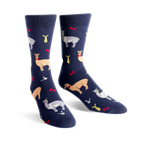 Pair of navy blue crew socks with a fun pattern of llamas wearing bow ties and ties. 