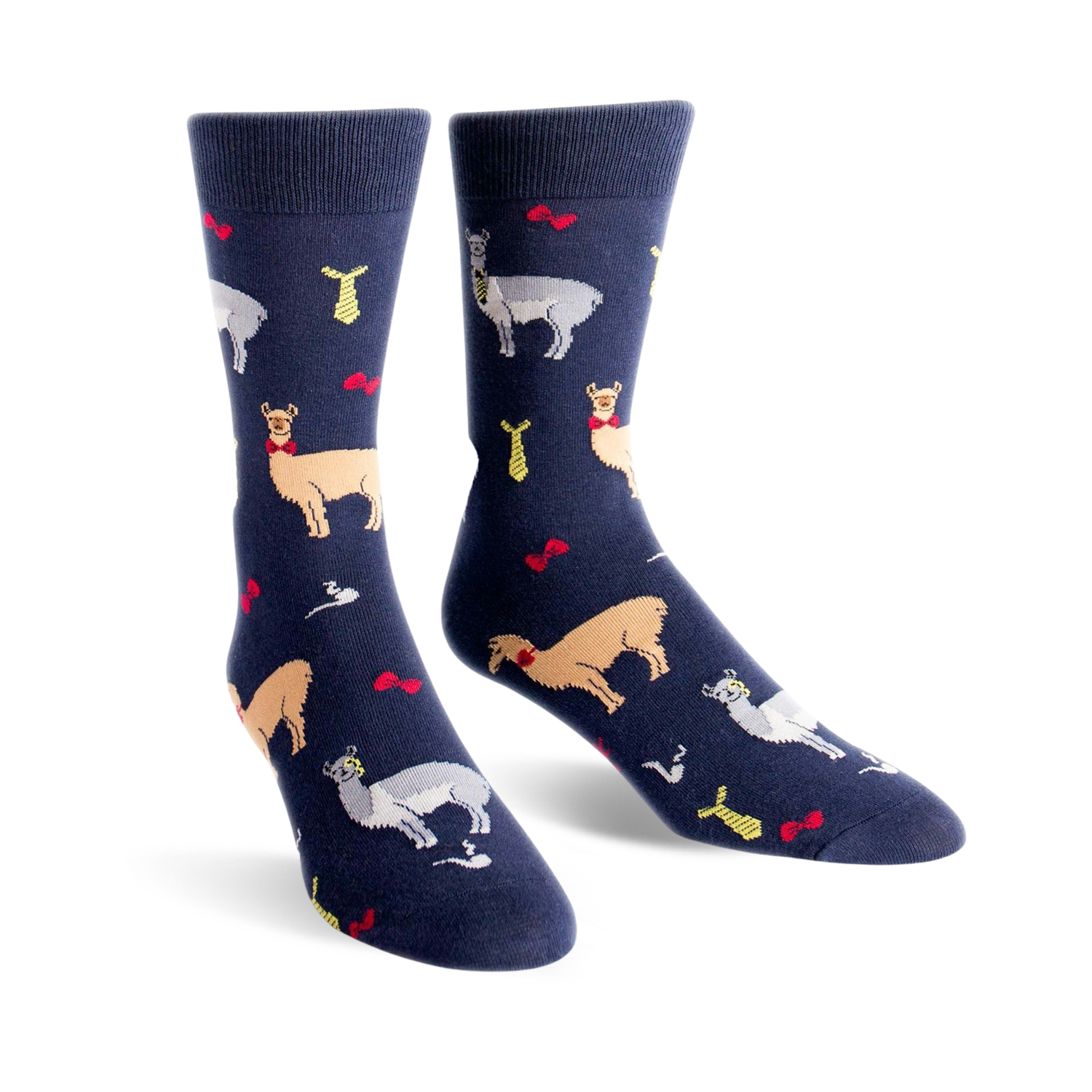 Pair of navy blue crew socks with a fun pattern of llamas wearing bow ties and ties. 