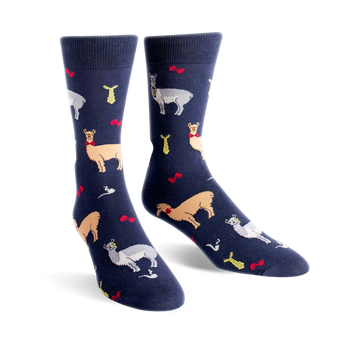dark blue crew socks with llama pattern. fun and stylish for men.   