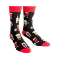 Pair of crew socks. Black background with red, yellow, and white illustrations of beer pong cups, beer bottles, and ping pong balls with legs.