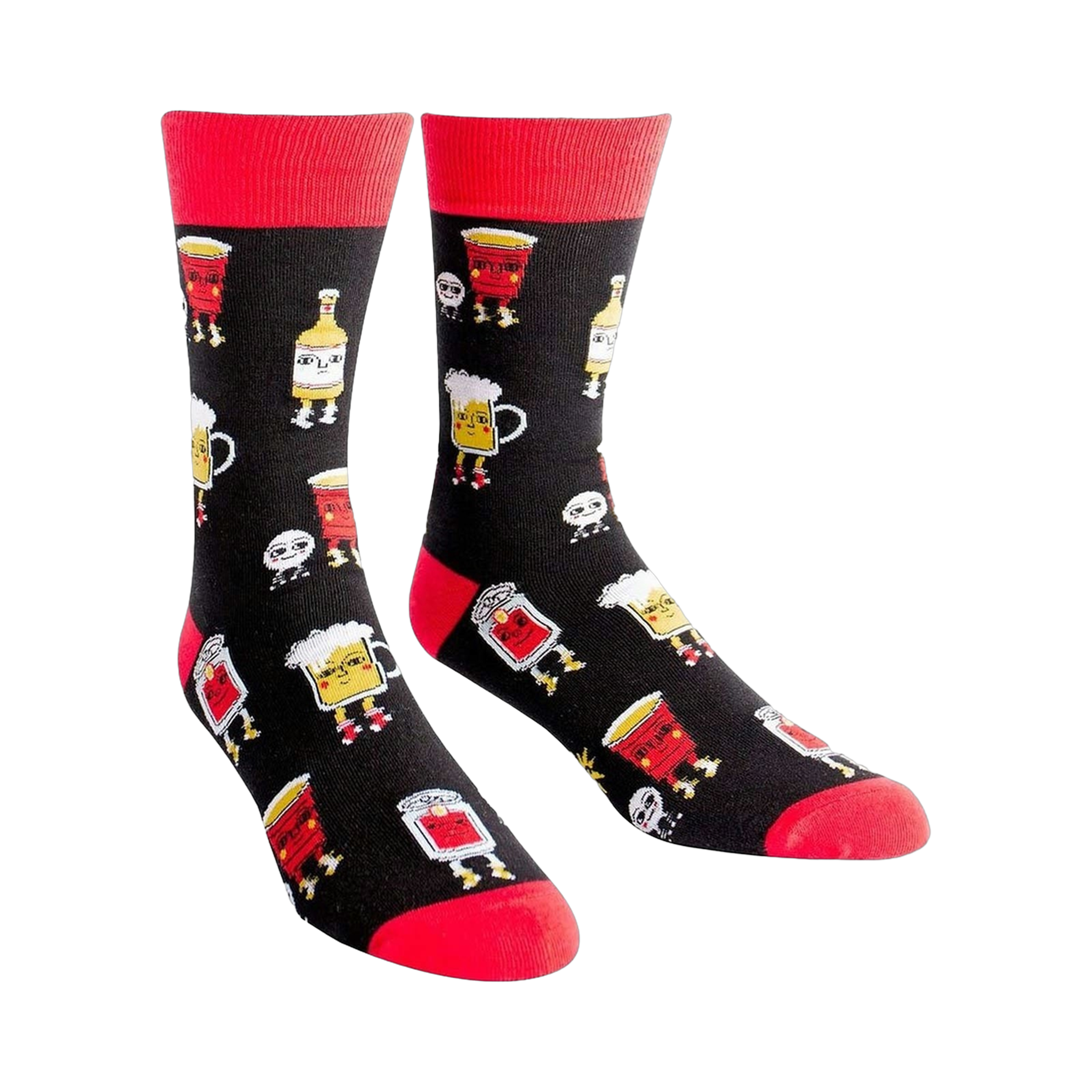 Pair of crew socks. Black background with red, yellow, and white illustrations of beer pong cups, beer bottles, and ping pong balls with legs.