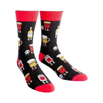 Pair of crew socks. Black background with red, yellow, and white illustrations of beer pong cups, beer bottles, and ping pong balls with legs.