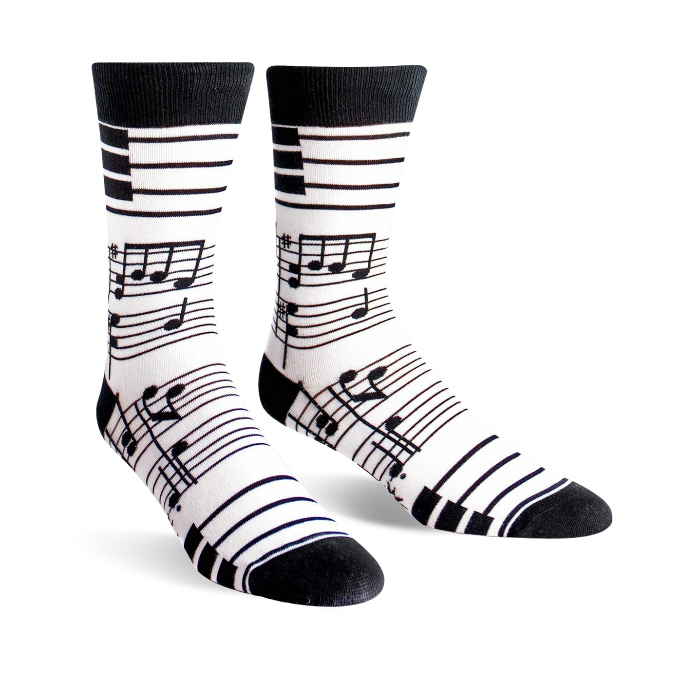 Pair of white crew socks with black musical notes and piano keys design. Black cuff.