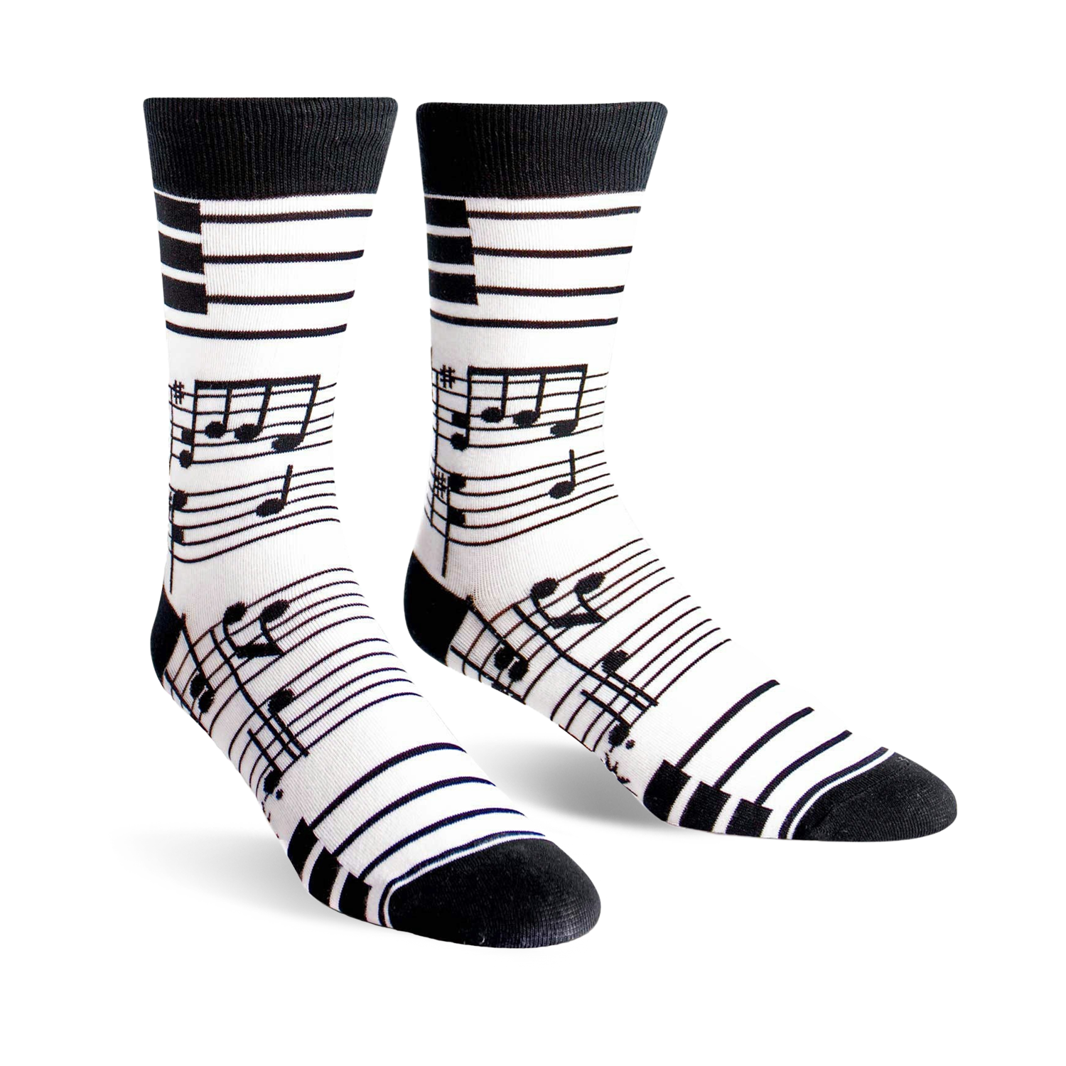 Pair of white crew socks with black musical notes and piano keys design. Black cuff.