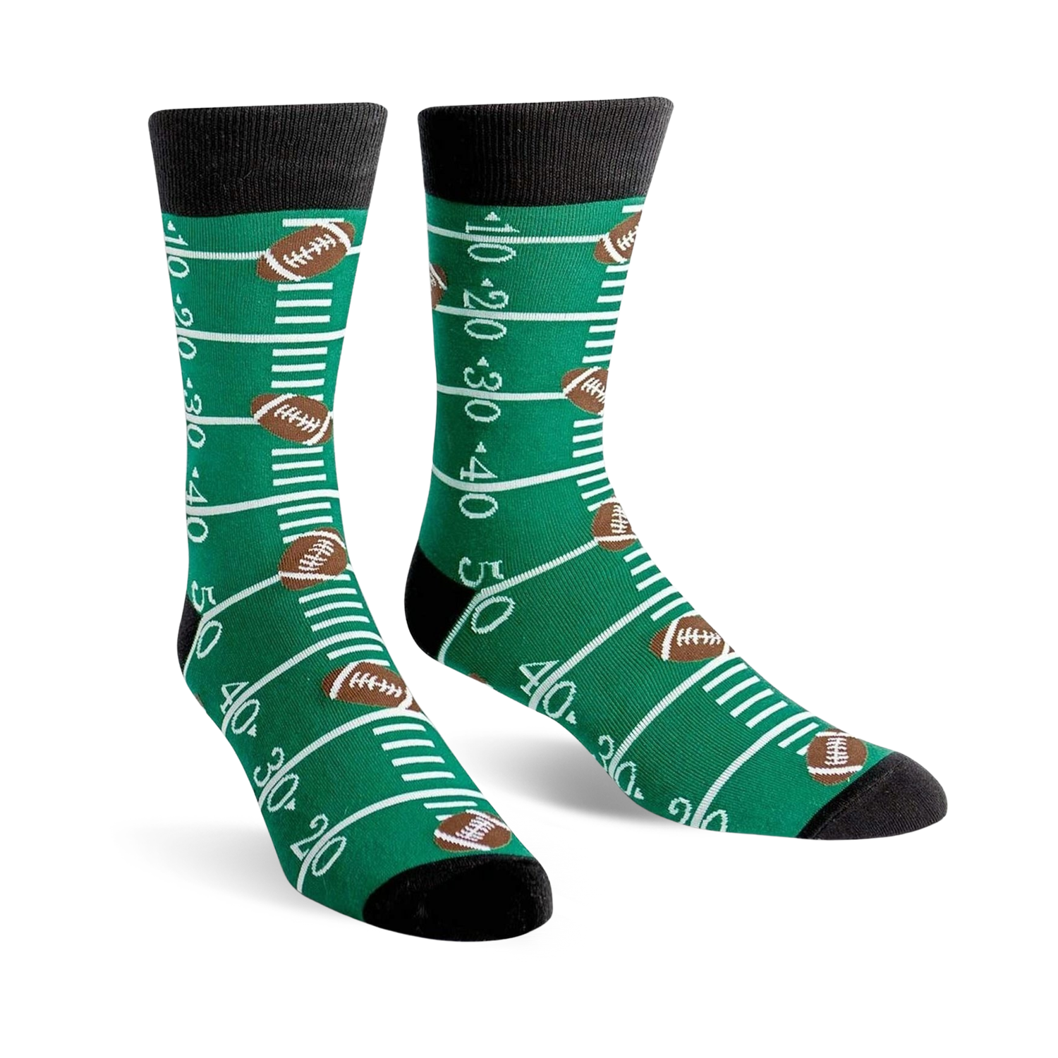 A pair of green crew socks with a football field design, including yard lines and brown footballs. 