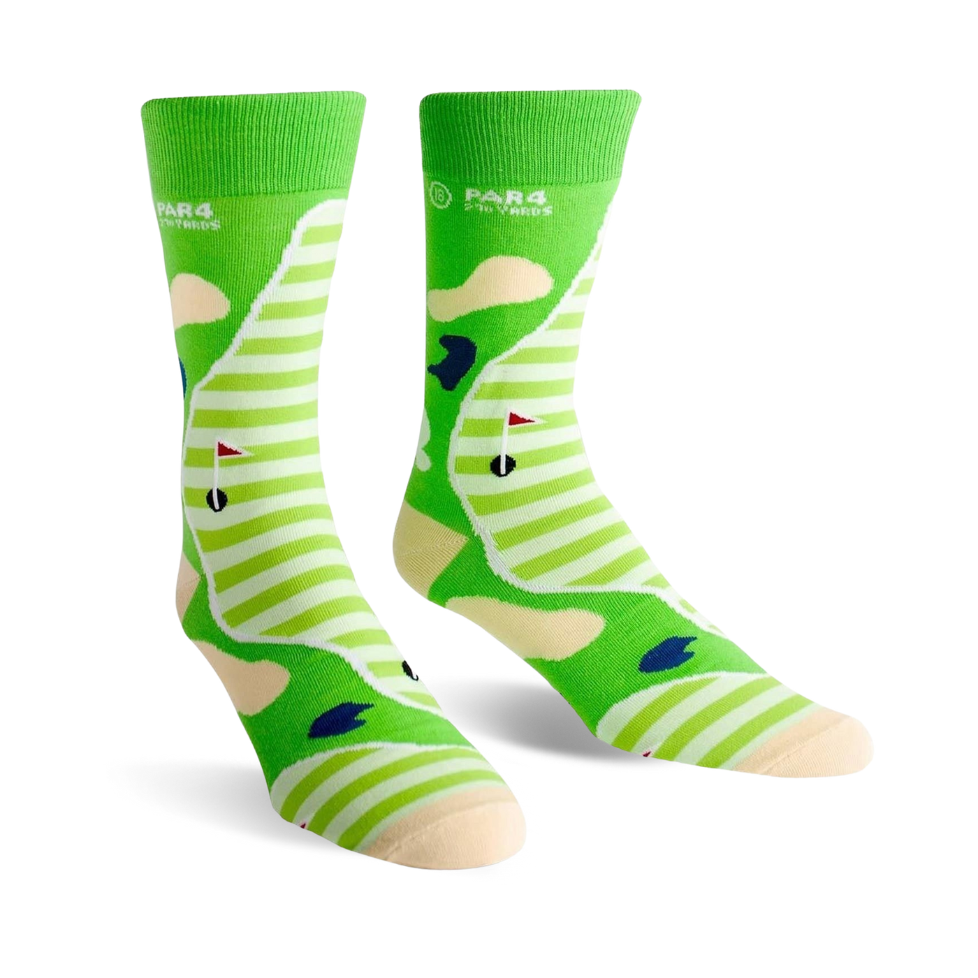 Pair of crew socks showing a golf course design. Green and cream stripes with sand traps, a flag, and golf ball.