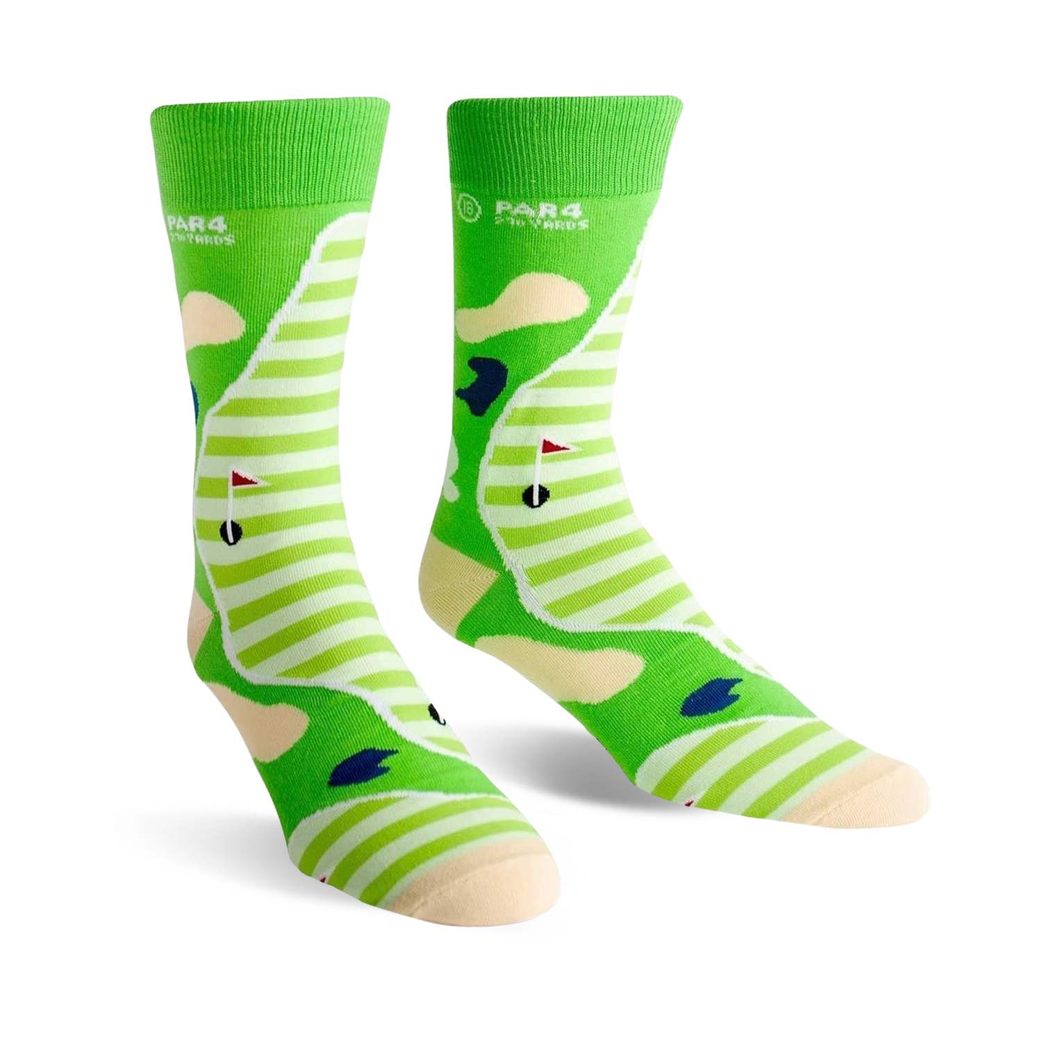 Pair of crew socks showing a golf course design. Green and cream stripes with sand traps, a flag, and golf ball.