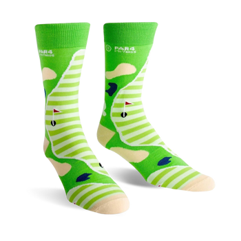 green and white striped crew golf socks with golf course design. fairways, greens, sand traps, and golf flag.  