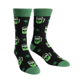 Crew socks, black with green beer mug and shamrock pattern, green cuffs.