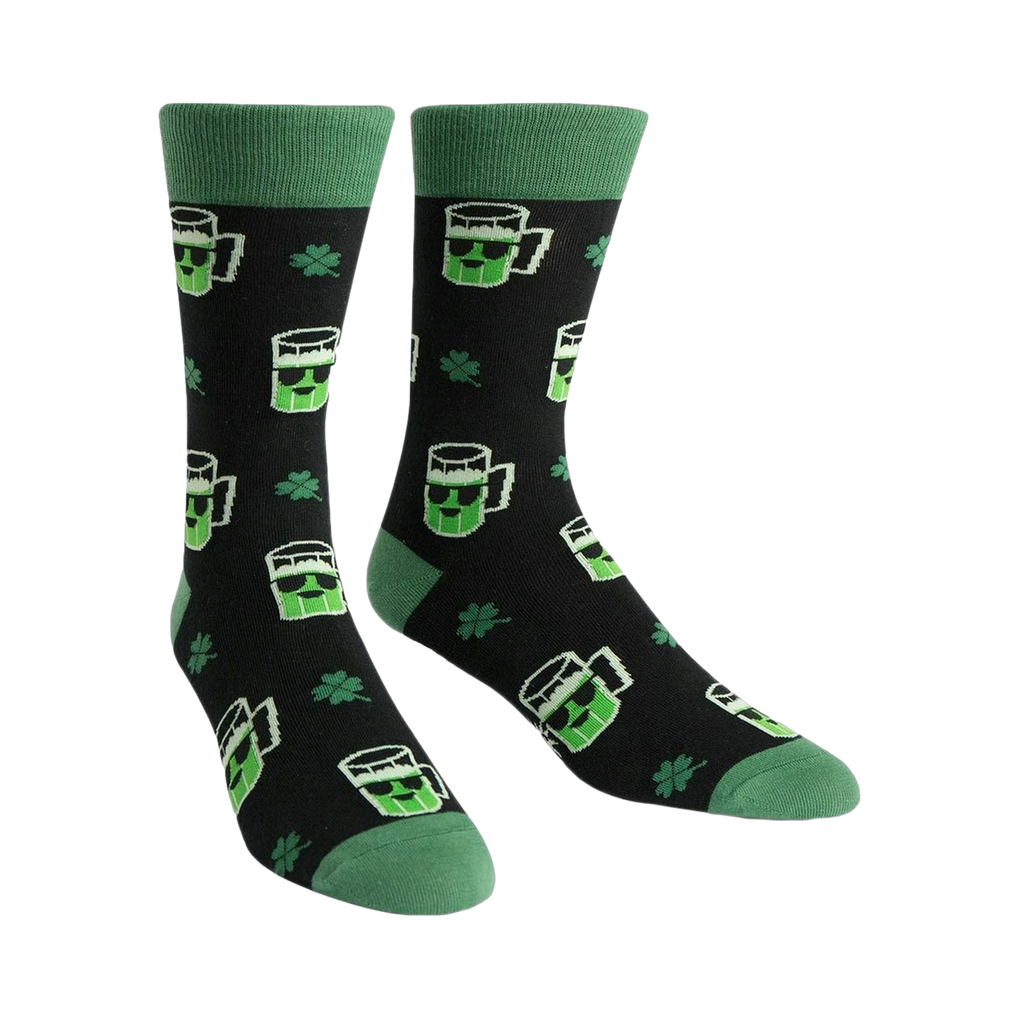 Crew socks, black with green beer mug and shamrock pattern, green cuffs.