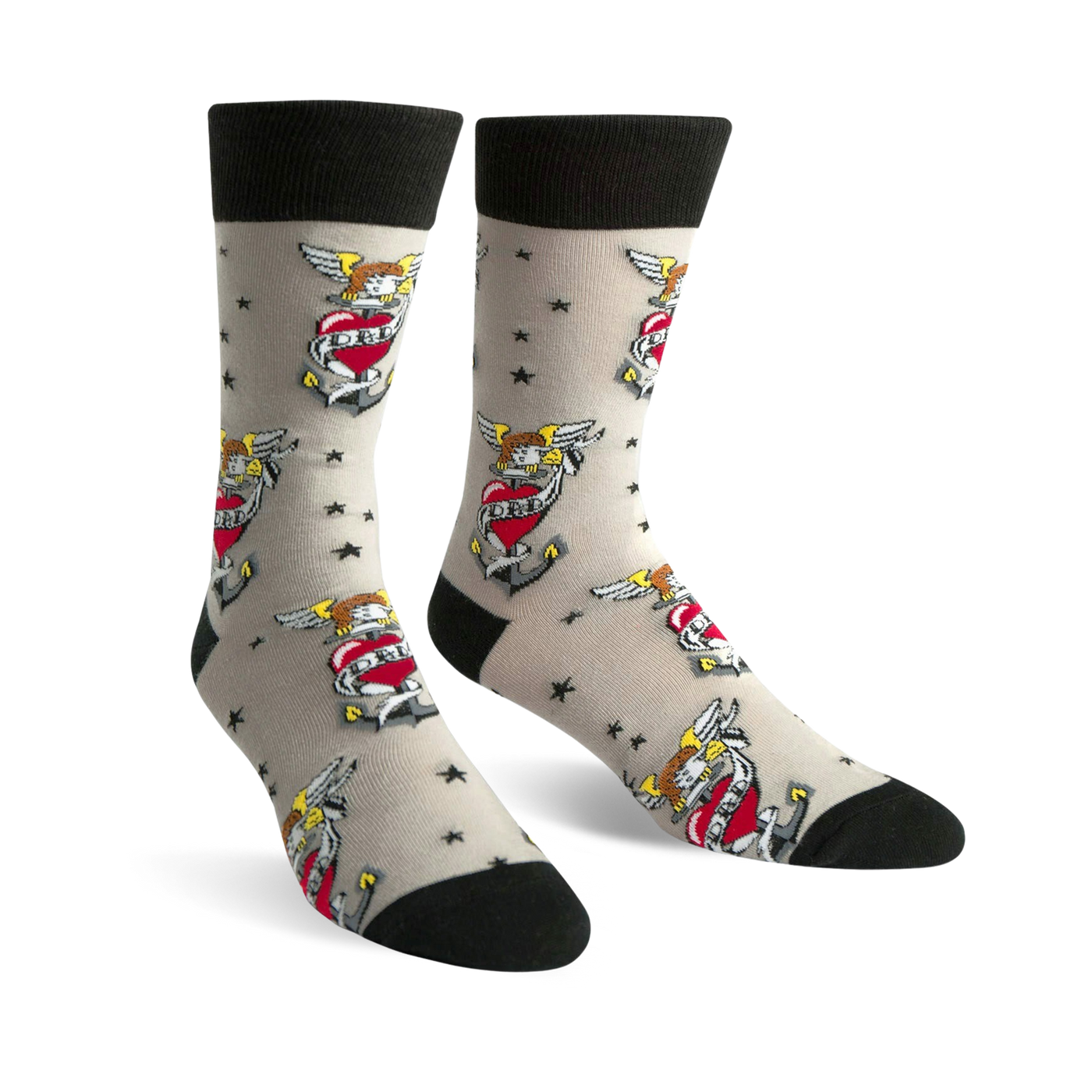 A pair of beige crew socks with a repeating pattern of red hearts, anchors, wings, and stars. Black cuffs. 'I Love Dad' is written on the heart.