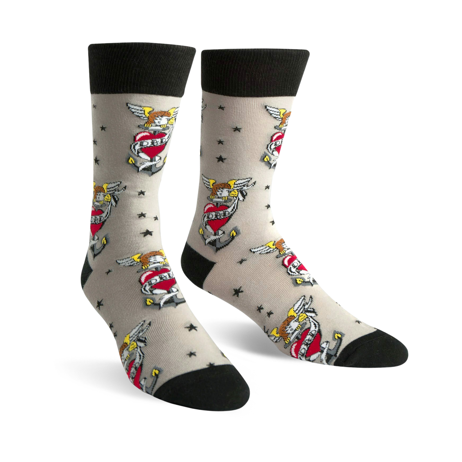 A pair of beige crew socks with a repeating pattern of red hearts, anchors, wings, and stars. Black cuffs. 'I Love Dad' is written on the heart.