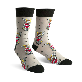 light gray crew socks with red hearts, "dad" banners, wings, anchor, and black stars. perfect for father's day.  