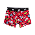 Red boxer briefs with a black polka dot and comic book themed design.  The waistband says 'SOCK it to me'.