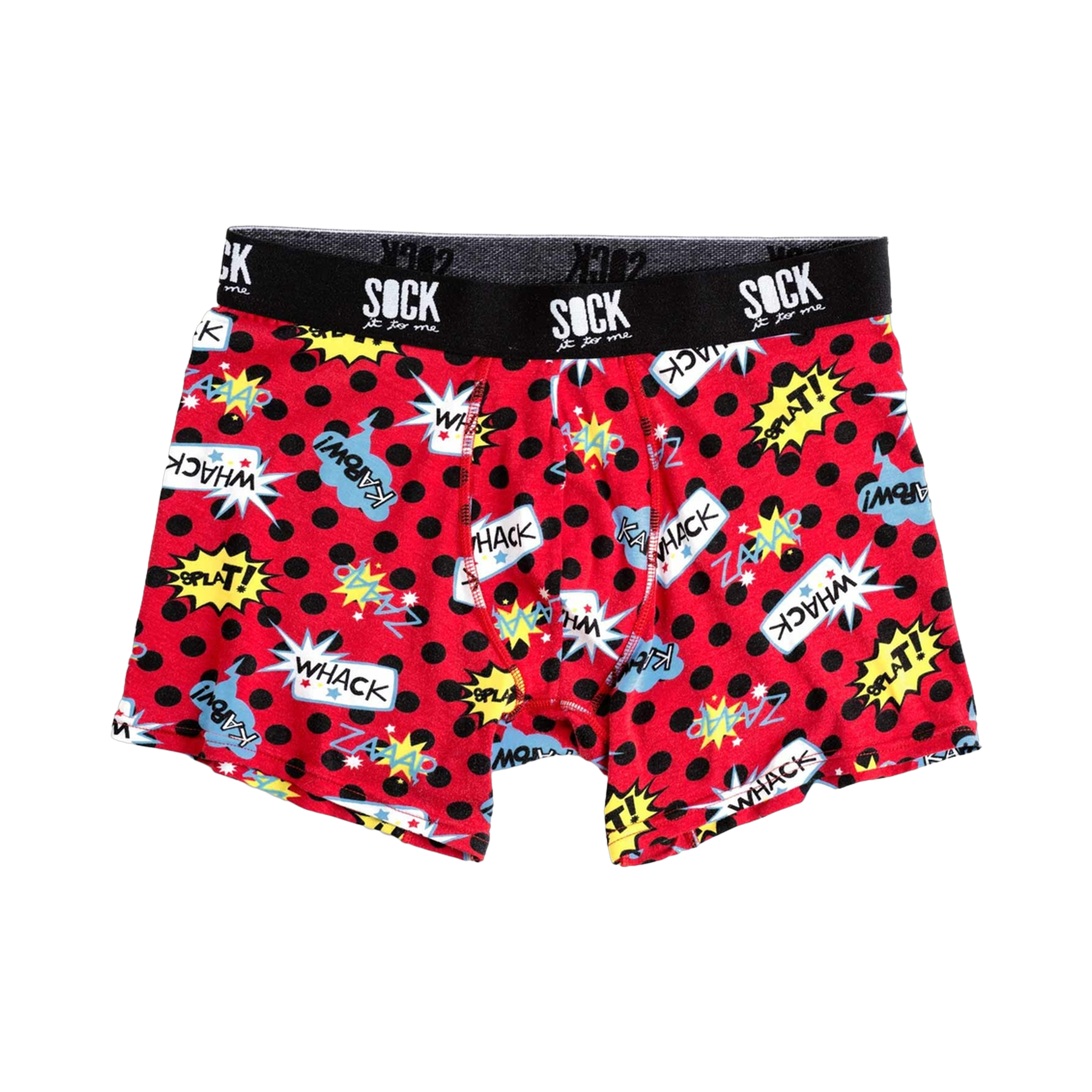 Red boxer briefs with a black polka dot and comic book themed design.  The waistband says 'SOCK it to me'.