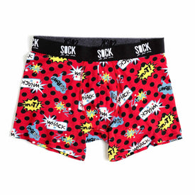 red socks with black polka dots and comic book-style word bubbles. for men. pop culture theme.   