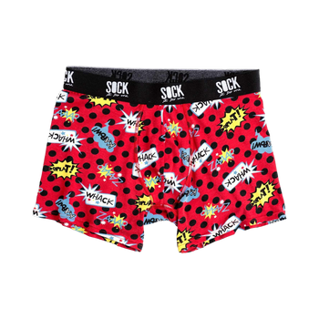 Red boxer briefs with a black polka dot and comic book themed design.  The waistband says 'SOCK it to me'.