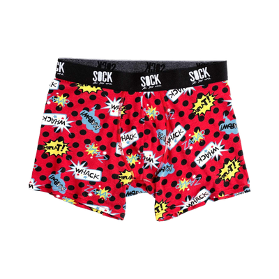 Red boxer briefs with a black polka dot and comic book themed design.  The waistband says 'SOCK it to me'.
