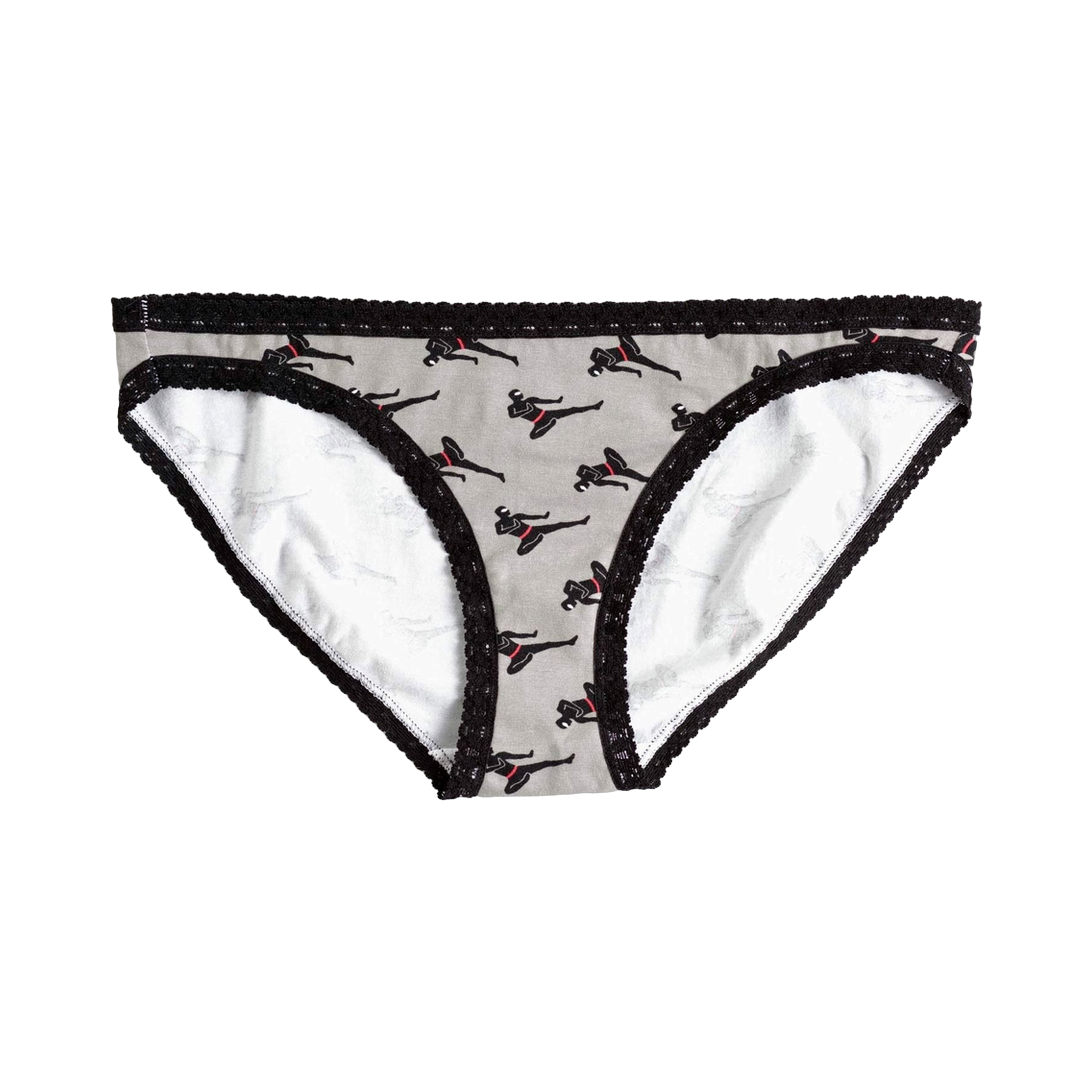 Grey hipster socks with a black lace trim. The socks feature a repeating pattern of black silhouettes of women in ninja poses with accents of red.