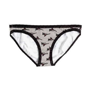 Grey hipster socks with a black lace trim. The socks feature a repeating pattern of black silhouettes of women in ninja poses with accents of red.