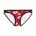 Red hipster socks with black polka dots and comic book-style words like 'WHACK' and 'ZAP'. Black lace trim.