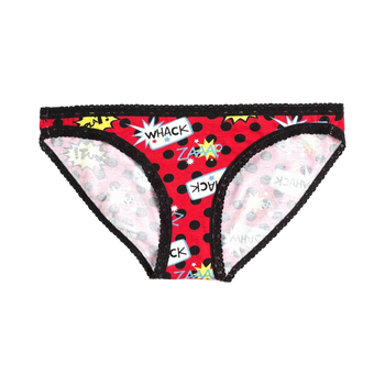 Red hipster socks with black polka dots and comic book-style words like 'WHACK' and 'ZAP'. Black lace trim.