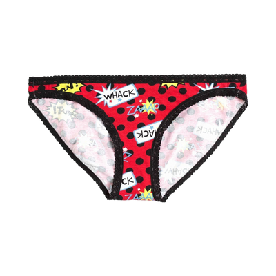 Red hipster socks with black polka dots and comic book-style words like 'WHACK' and 'ZAP'. Black lace trim.