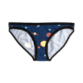 A pair of women's navy blue hipster underwear with a colorful planets and stars print and black lace trim.