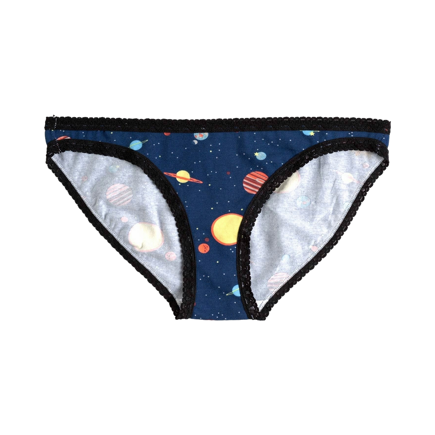 A pair of women's navy blue hipster underwear with a colorful planets and stars print and black lace trim.