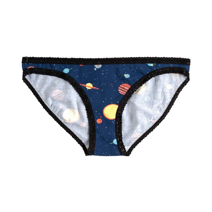 A pair of women's navy blue hipster underwear with a colorful planets and stars print and black lace trim. }}