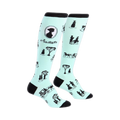 Pair of mint green knee-high socks with black Jane Austen-inspired silhouettes and cameo.