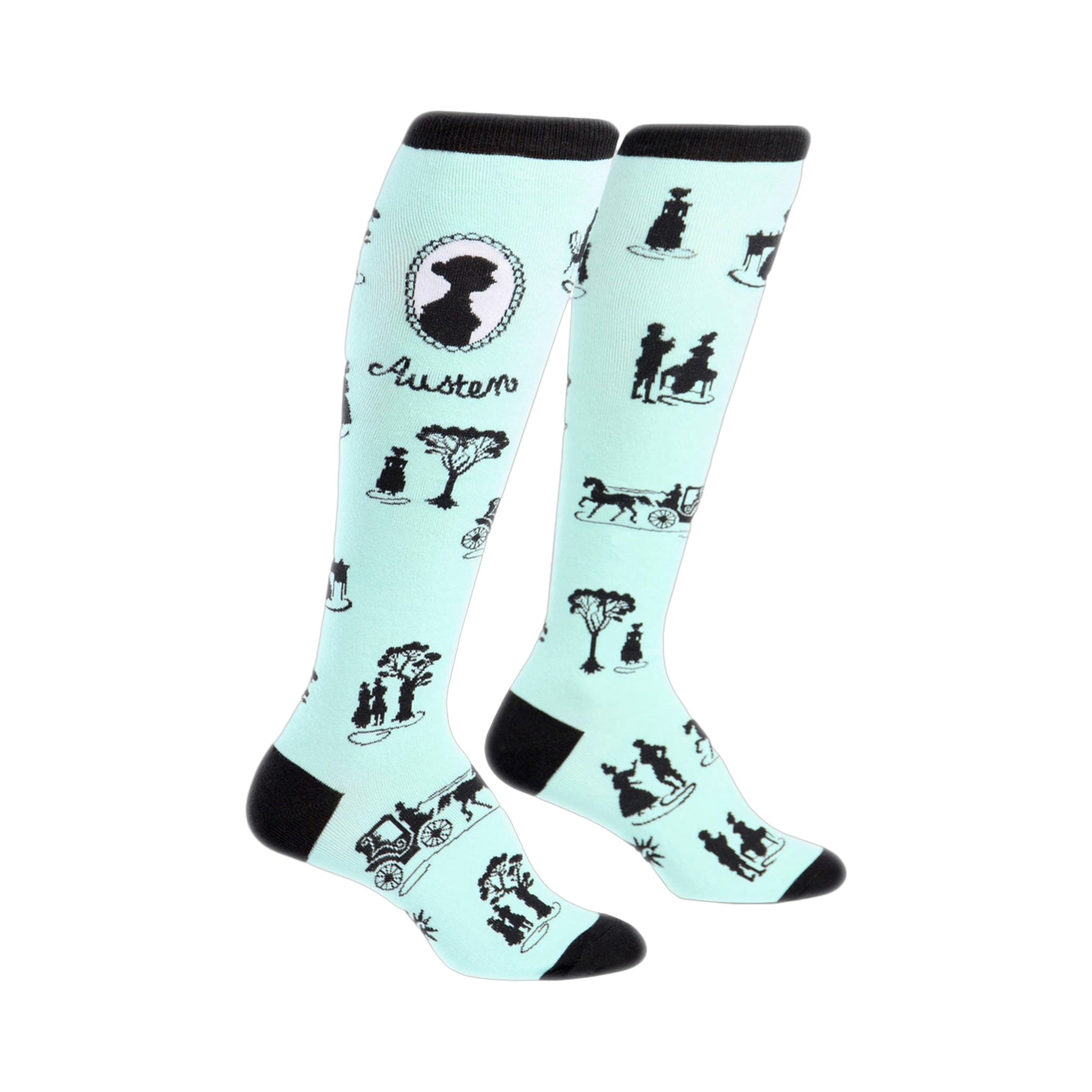 Pair of mint green knee-high socks with black Jane Austen-inspired silhouettes and cameo.