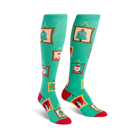 knee high socks with santa claus, christmas trees, reindeer, presents, and dogs in cartoonish holiday scenes in yellow frames.   