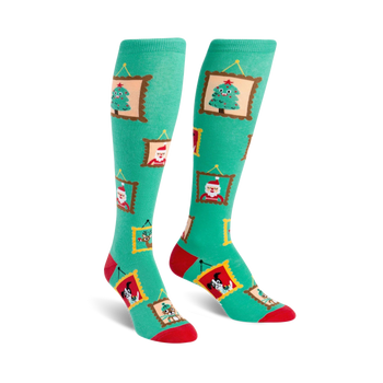 knee high socks with santa claus, christmas trees, reindeer, presents, and dogs in cartoonish holiday scenes in yellow frames.   