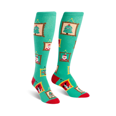 knee high socks with santa claus, christmas trees, reindeer, presents, and dogs in cartoonish holiday scenes in yellow frames.   