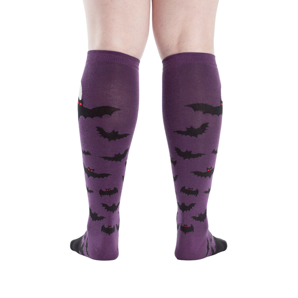 Back view of the Batnado socks showing the full bat and moon design.