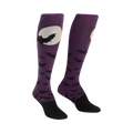 Pair of purple knee-high socks.  Design features black bats flying around a full moon.  Black cuffs and toes.
