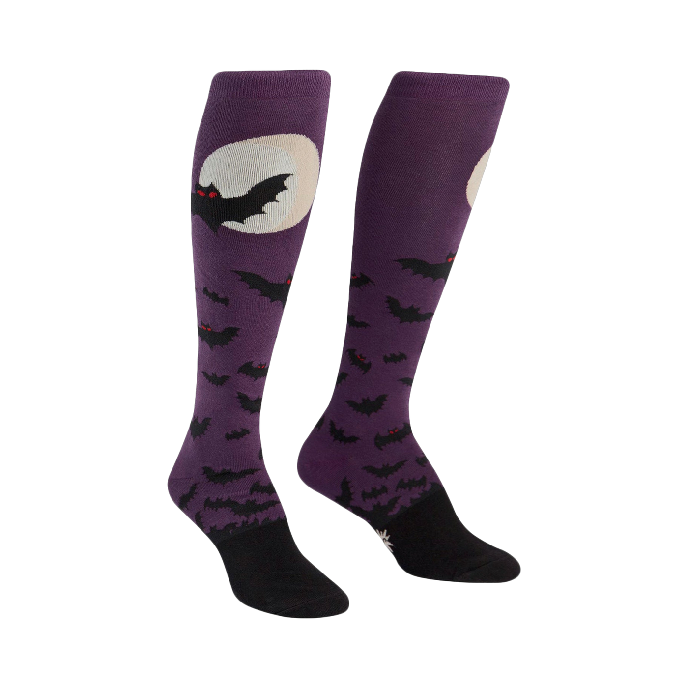 Pair of purple knee-high socks.  Design features black bats flying around a full moon.  Black cuffs and toes.