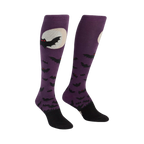 Pair of purple knee-high socks.  Design features black bats flying around a full moon.  Black cuffs and toes.