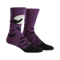 Purple crew socks with a black bat design and a full moon.  Black heel and toe.  Spooky and fun!