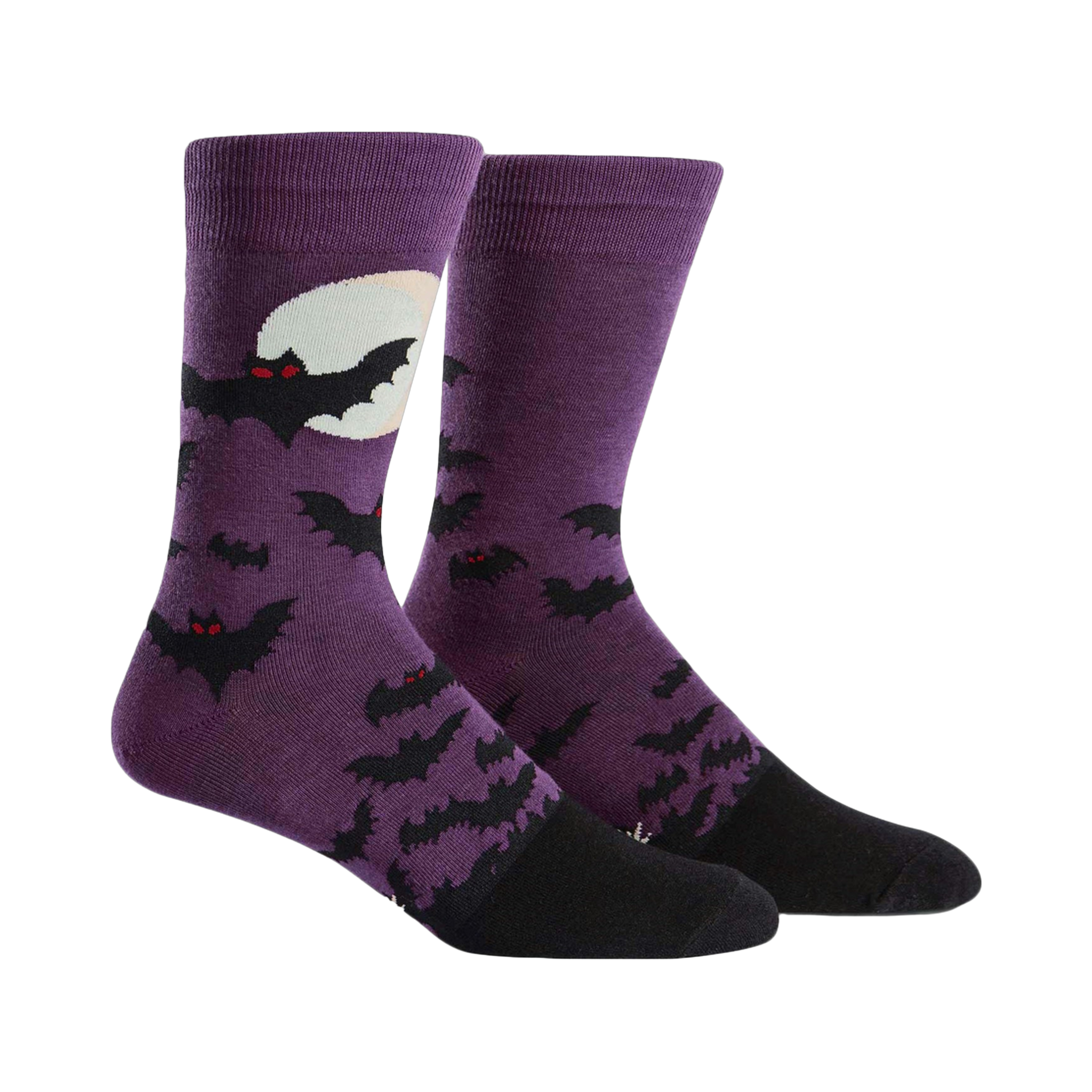 Purple crew socks with a black bat design and a full moon.  Black heel and toe.  Spooky and fun!