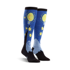 Pair of knee-high socks showcasing Van Gogh's Starry Night.  Blues, yellows, and blacks are prominent in the design, with swirling brushstrokes and stars.